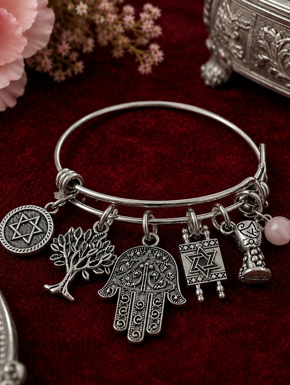 Jewish Rose Quartz Handcrafted Charm Bracelet